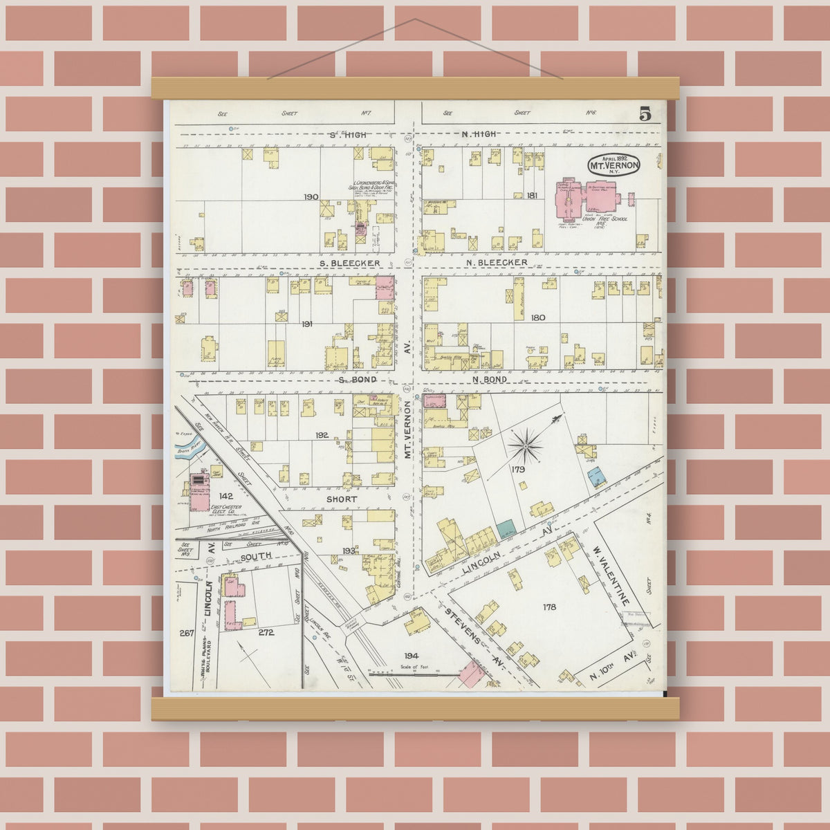 Old map wall art mockup — magnetic wood frame on brick wall — Sanborn Fire Insurance Map from Mount Vernon, Westchester County, New York (1892), Sheet #0005