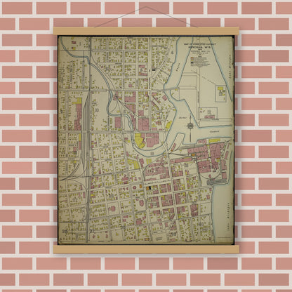 Old map wall art mockup — magnetic wood frame on brick wall — Sanborn Fire Insurance Map from Kenosha, Kenosha County, Wisconsin. (1918), Sheet 3