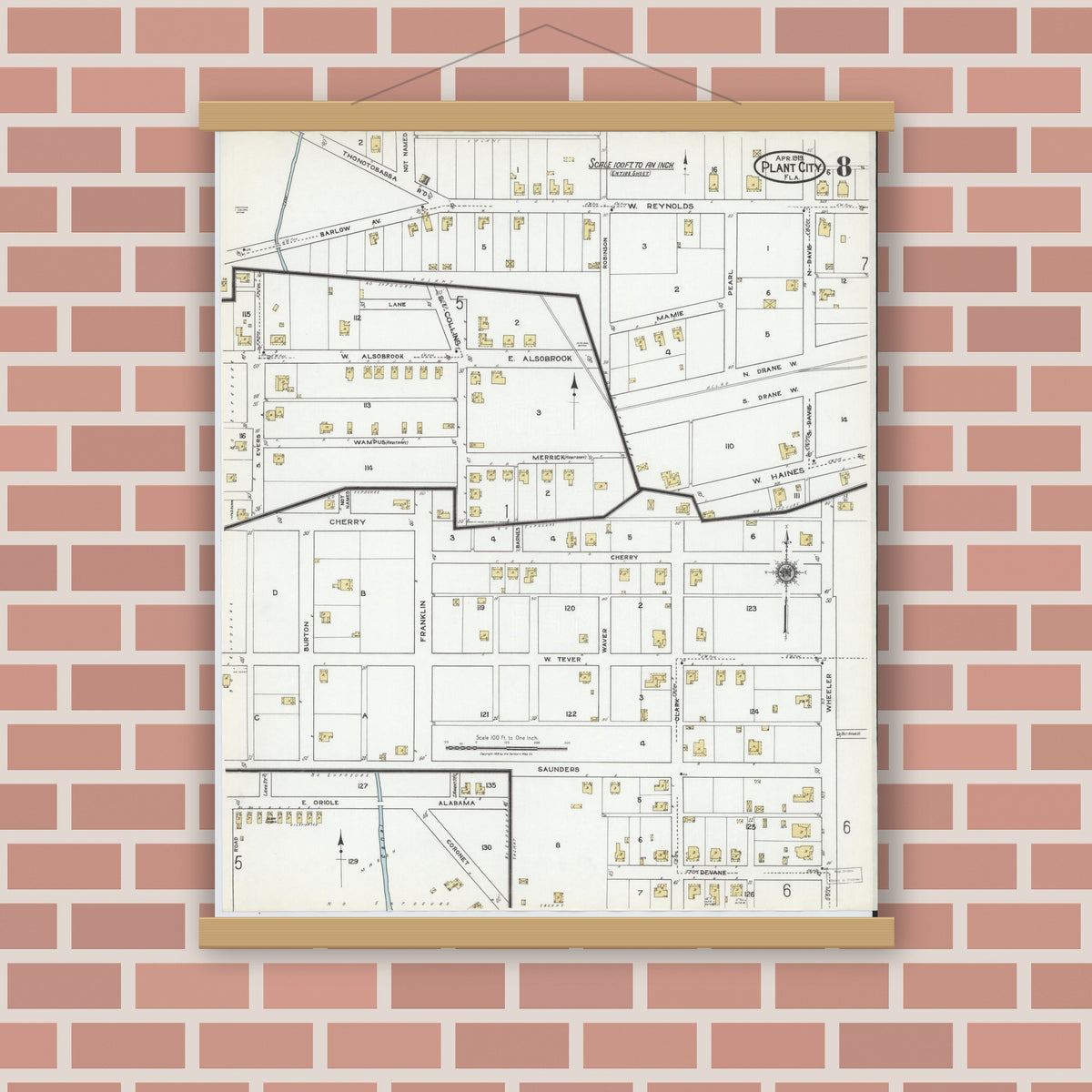 Old map wall art mockup — magnetic wood frame on brick wall — Sanborn Fire Insurance Map from Plant City, Hillborough County, Florida (1919), Sheet #0008