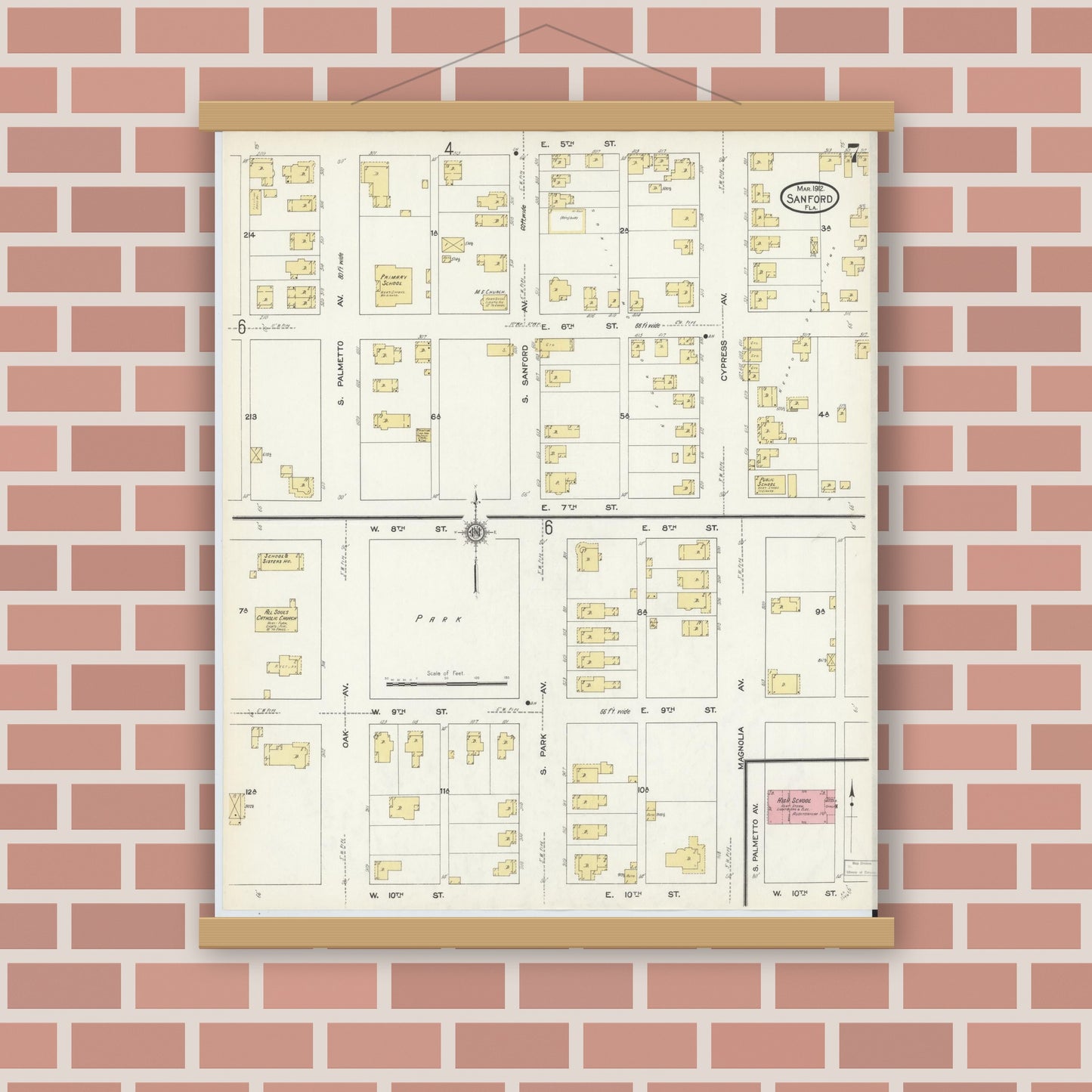Old map wall art mockup — magnetic wood frame on brick wall — Sanborn Fire Insurance Map from Sanford, Seminole County, Florida (1912), Sheet #0007