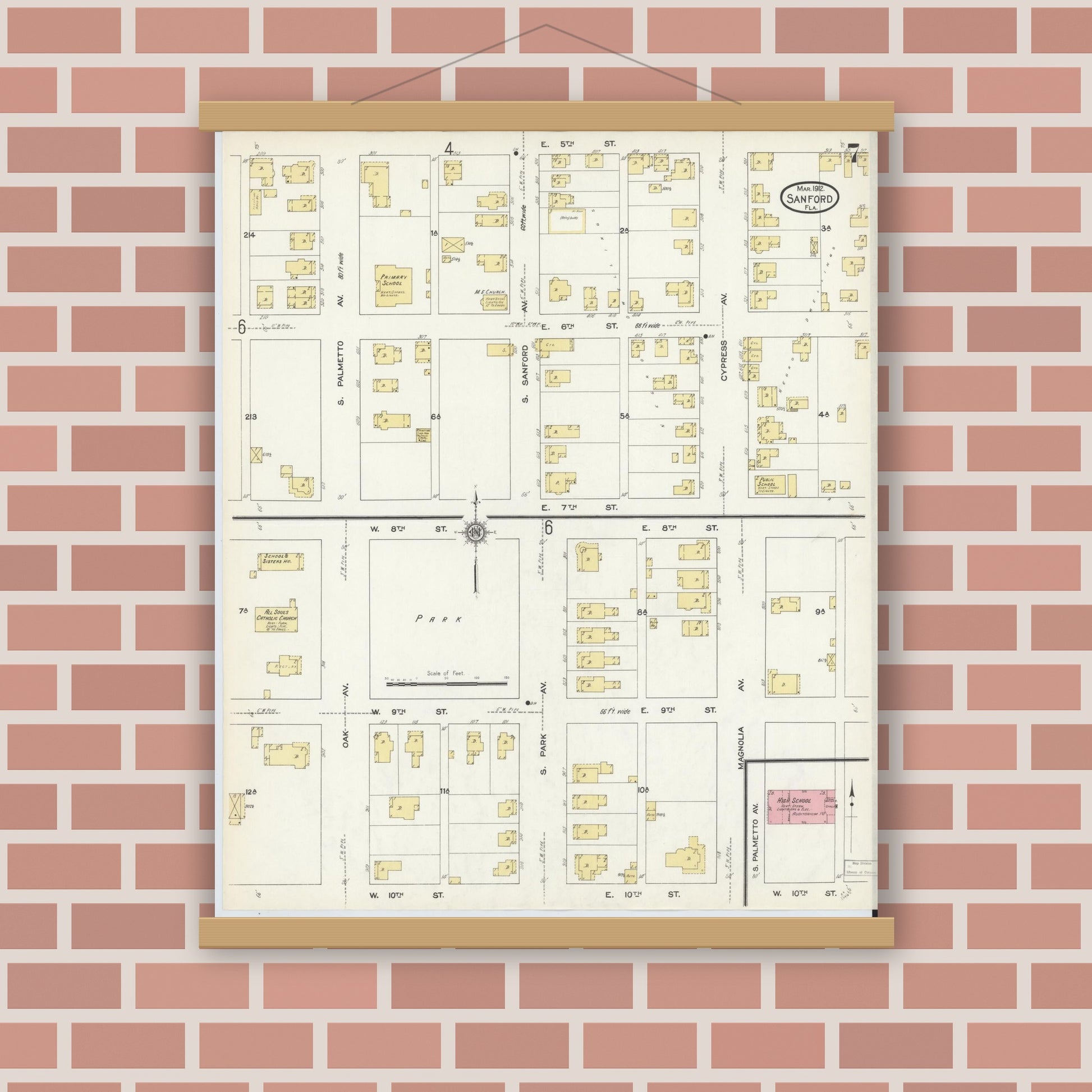 Old map wall art mockup — magnetic wood frame on brick wall — Sanborn Fire Insurance Map from Sanford, Seminole County, Florida (1912), Sheet #0007