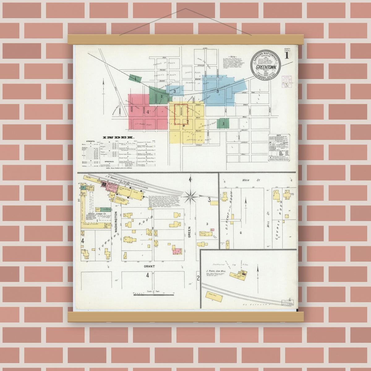 Old map wall art mockup — magnetic wood frame on brick wall — Sanborn Fire Insurance Map from Greentown, Howard County, Indiana (1902), Sheet #0001