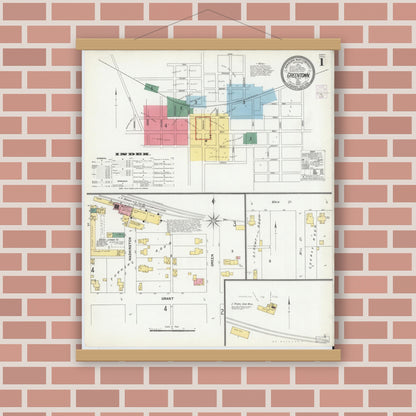 Old map wall art mockup — magnetic wood frame on brick wall — Sanborn Fire Insurance Map from Greentown, Howard County, Indiana (1902), Sheet #0001