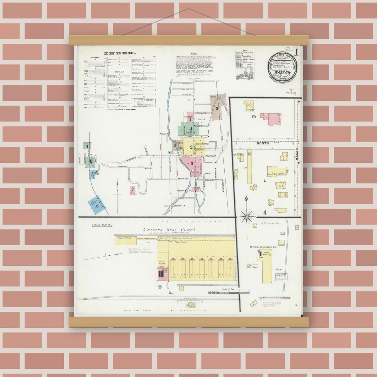 Old map wall art mockup — magnetic wood frame on brick wall — Sanborn Fire Insurance Map from Warsaw, Wyoming County, New York (1897), Sheet #0001