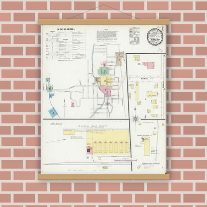 Old map wall art mockup — magnetic wood frame on brick wall — Sanborn Fire Insurance Map from Warsaw, Wyoming County, New York (1897), Sheet #0001