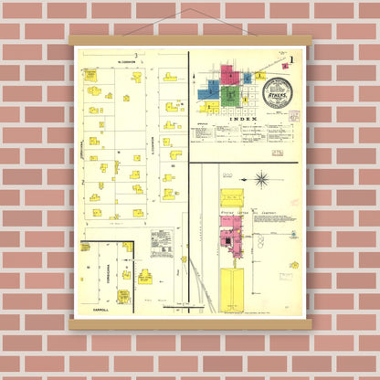 Old map wall art mockup — magnetic wood frame on brick wall — Sanborn Fire Insurance Map from Athens, Henderson County, Texas (1907), Sheet #0001