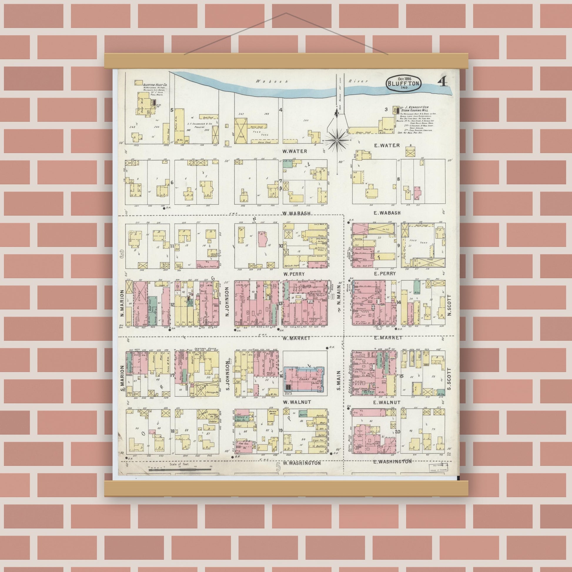 Old map wall art mockup — magnetic wood frame on brick wall — Sanborn Fire Insurance Map from Bluffton, Wells County, Indiana (1895), Sheet #0004