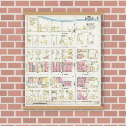 Old map wall art mockup — magnetic wood frame on brick wall — Sanborn Fire Insurance Map from Bluffton, Wells County, Indiana (1895), Sheet #0004