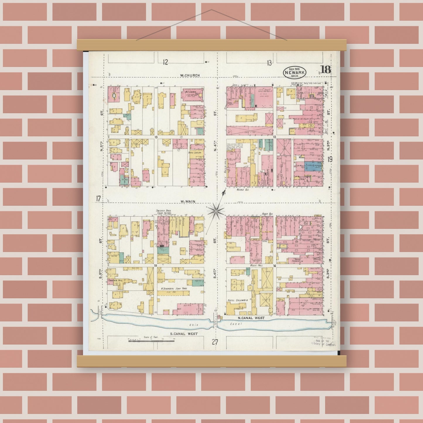 Old map wall art mockup — magnetic wood frame on brick wall — Sanborn Fire Insurance Map from Newark, Licking County, Ohio (1905), Sheet #0018