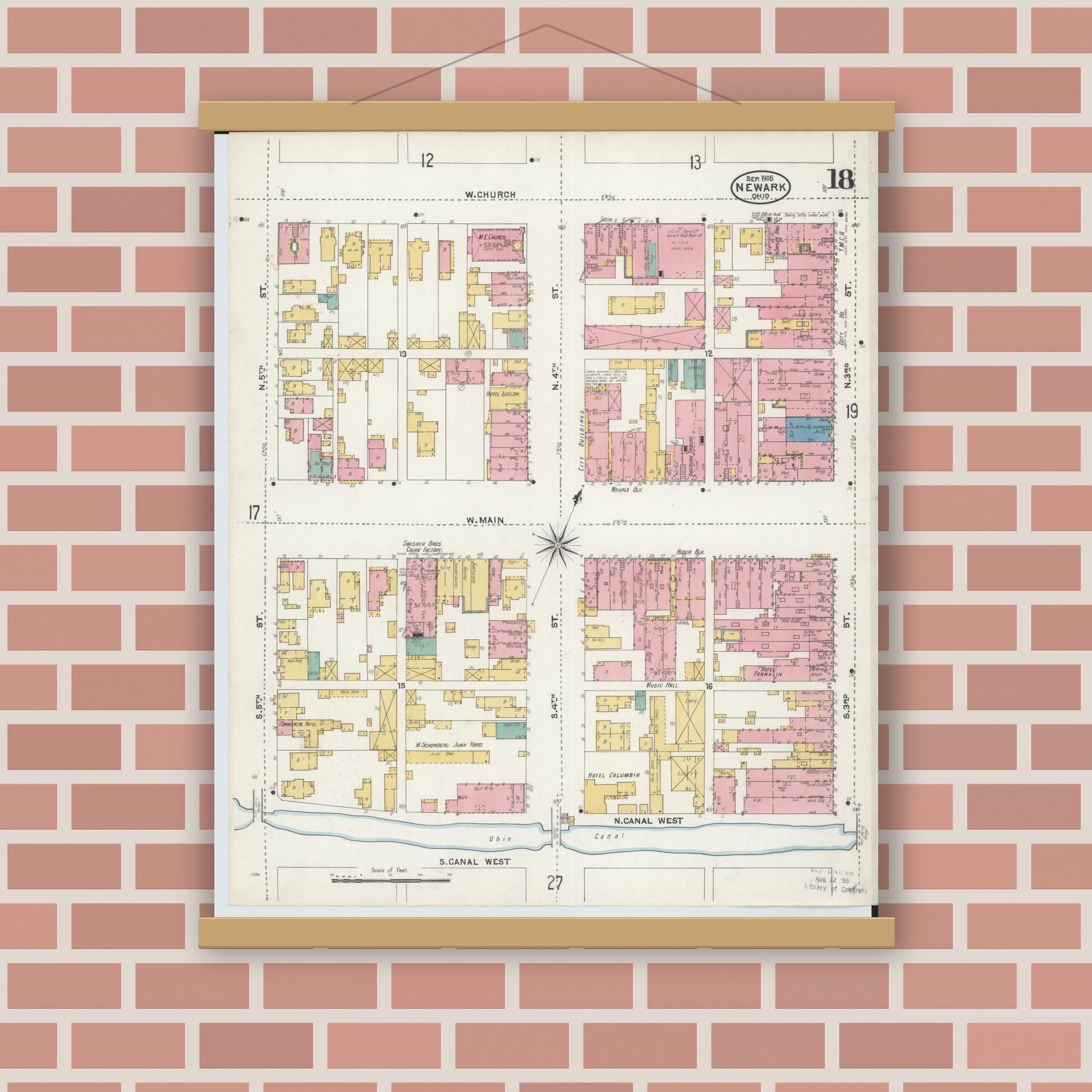 Old map wall art mockup — magnetic wood frame on brick wall — Sanborn Fire Insurance Map from Newark, Licking County, Ohio (1905), Sheet #0018