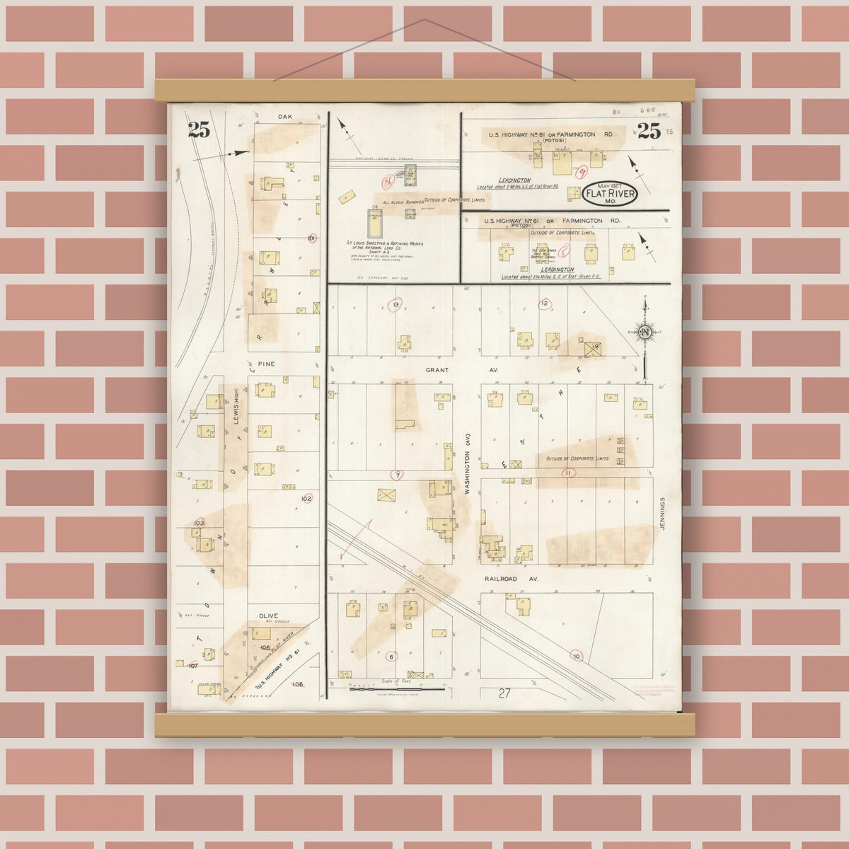 Old map wall art mockup — magnetic wood frame on brick wall — Sanborn Fire Insurance Map from Flat River, Saint Francois County, Missouri (1938), Sheet #0025