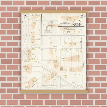 Old map wall art mockup — magnetic wood frame on brick wall — Sanborn Fire Insurance Map from Flat River, Saint Francois County, Missouri (1938), Sheet #0025