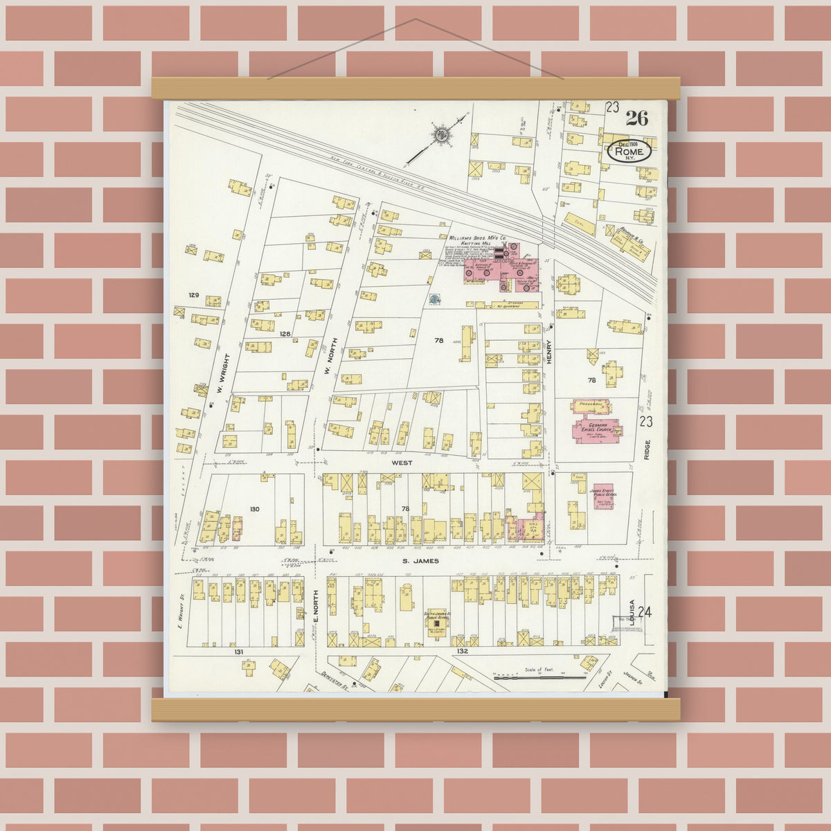 Old map wall art mockup — magnetic wood frame on brick wall — Sanborn Fire Insurance Map from Rome, Oneida County, New York (1909), Sheet #0026