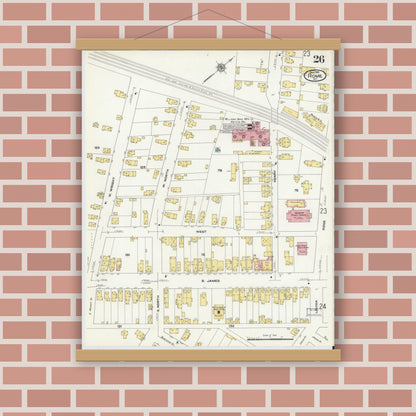 Old map wall art mockup — magnetic wood frame on brick wall — Sanborn Fire Insurance Map from Rome, Oneida County, New York (1909), Sheet #0026