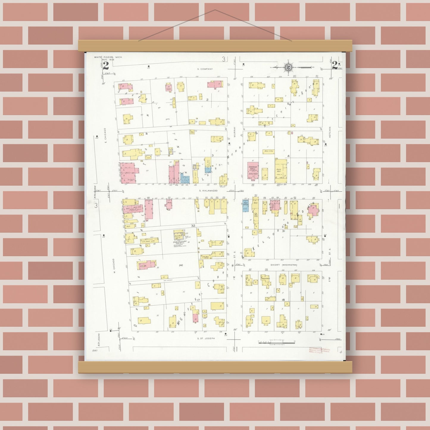 Old map wall art mockup — magnetic wood frame on brick wall — Sanborn Fire Insurance Map from White Pigeon, Saint Joseph County, Michigan (1936), Sheet #0002