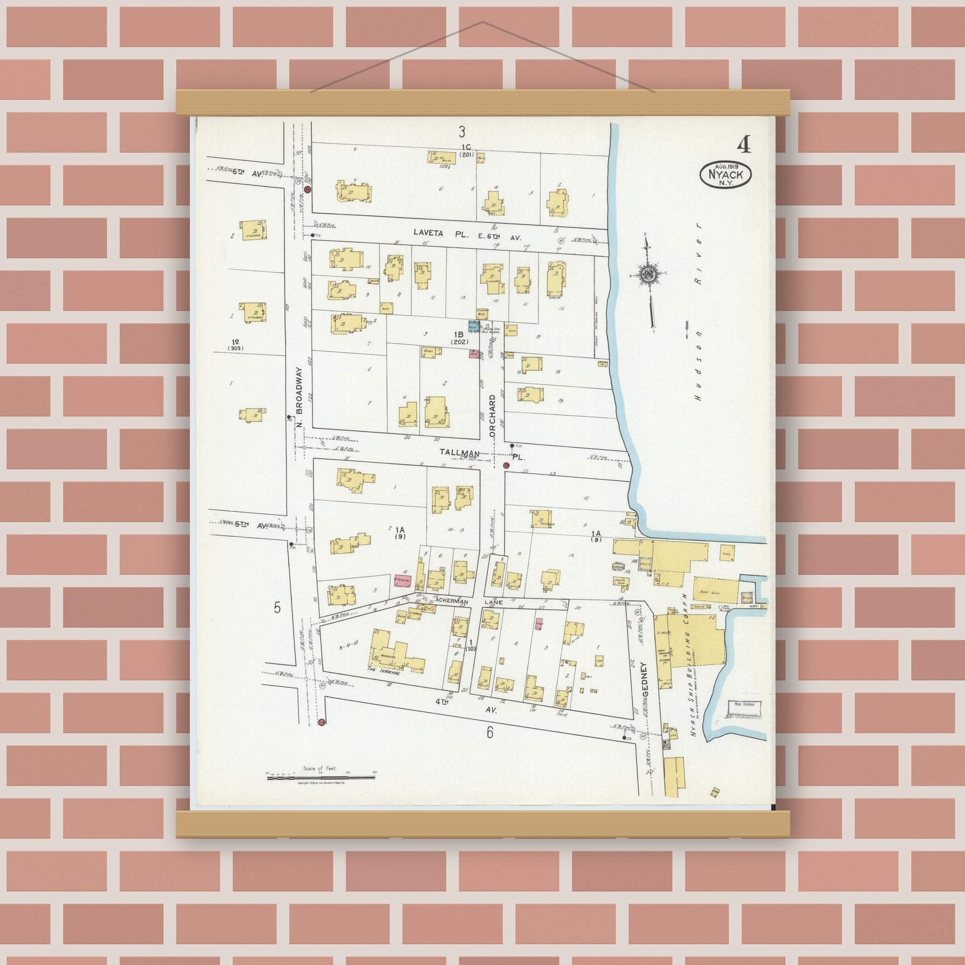 Old map wall art mockup — magnetic wood frame on brick wall — Sanborn Fire Insurance Map from Nyack, Rockland County, New York. (1919), Sheet #0004