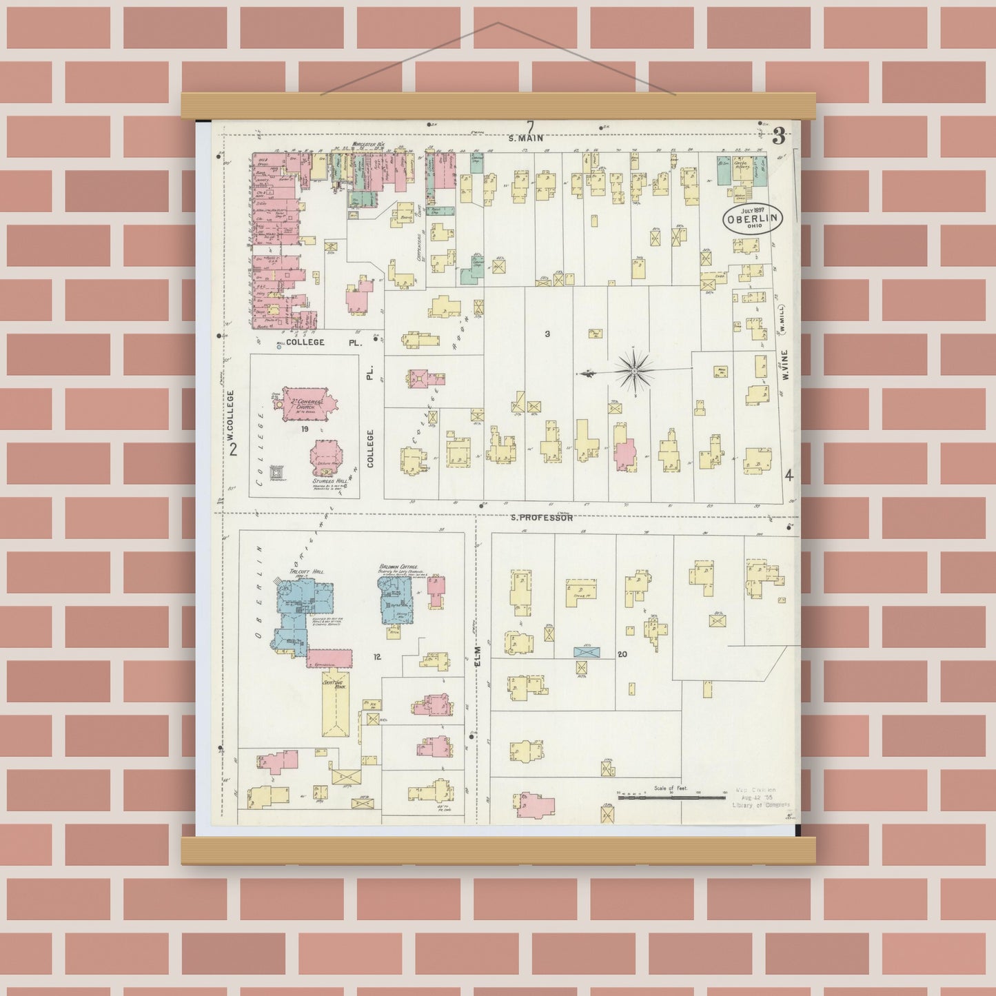 Old map wall art mockup — magnetic wood frame on brick wall — Sanborn Fire Insurance Map from Oberlin, Lorain County, Ohio (1897), Sheet #0003