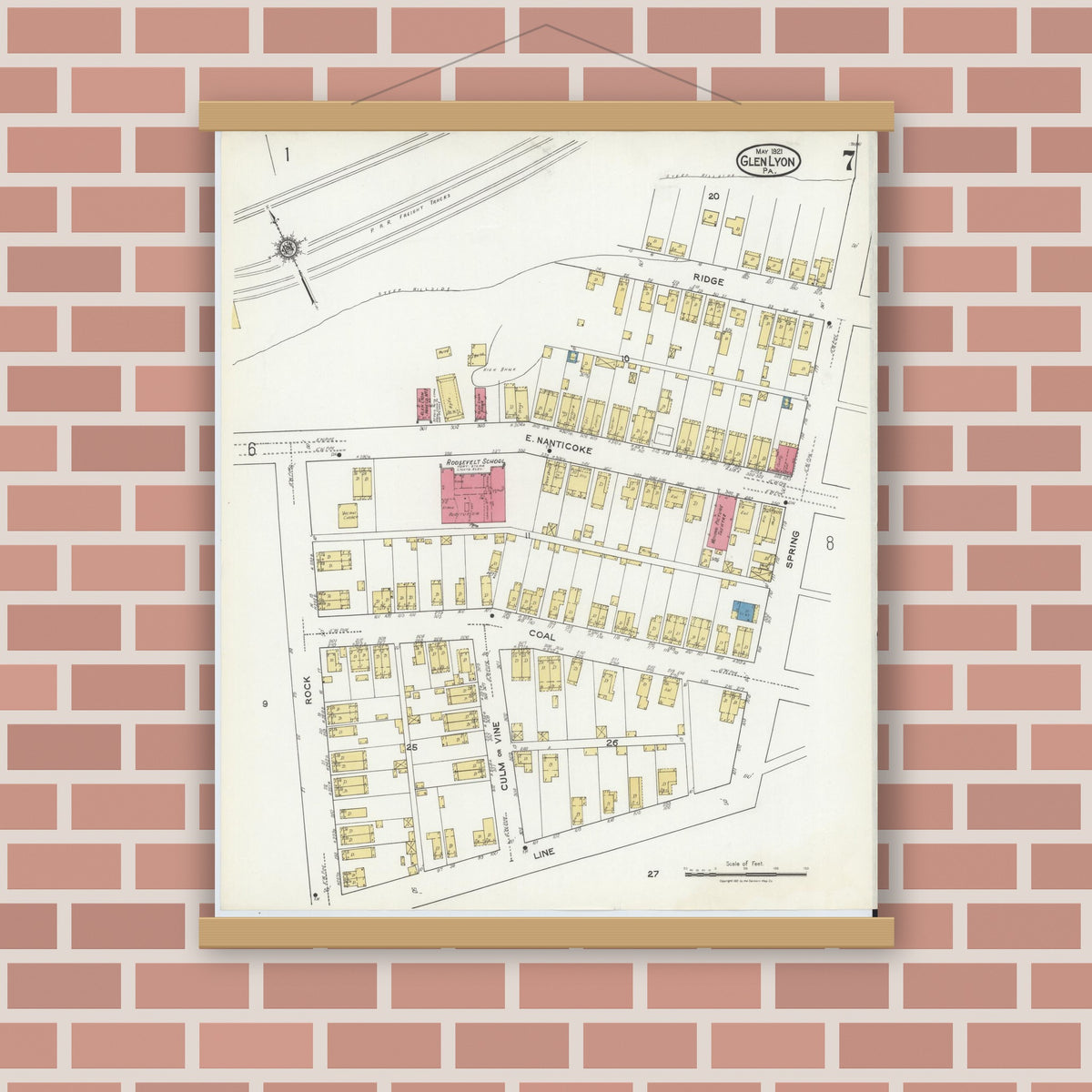 Old map wall art mockup — magnetic wood frame on brick wall — Sanborn Fire Insurance Map from Glen Lyon, Luzerne County, Pennsylvania (1921), Sheet #0007