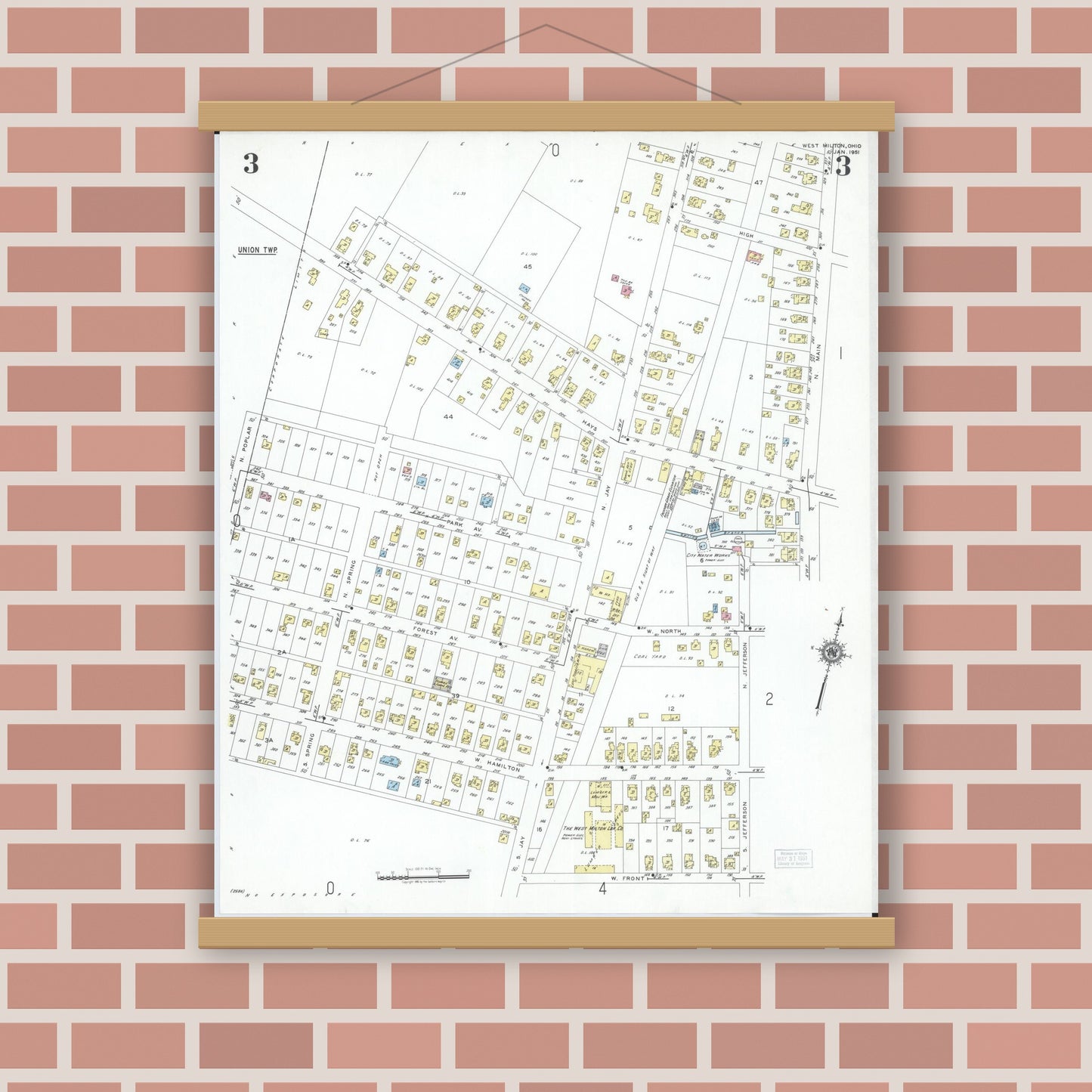 Old map wall art mockup — magnetic wood frame on brick wall — Sanborn Fire Insurance Map from West Milton, Miami County, Ohio (1951), Sheet #0003