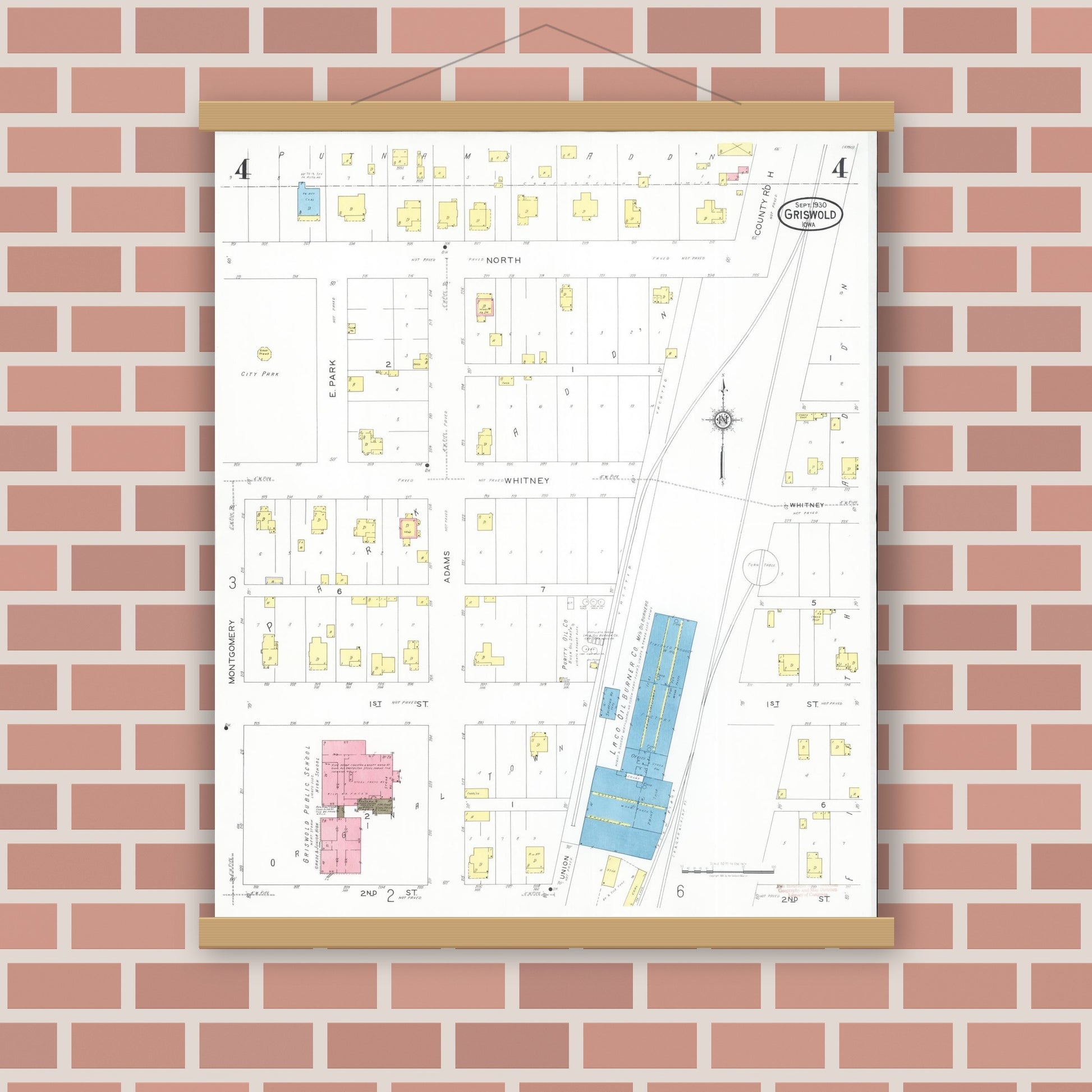 Old map wall art mockup — magnetic wood frame on brick wall — Sanborn Fire Insurance Map from Griswold, Cass County, Iowa (1930), Sheet #0004