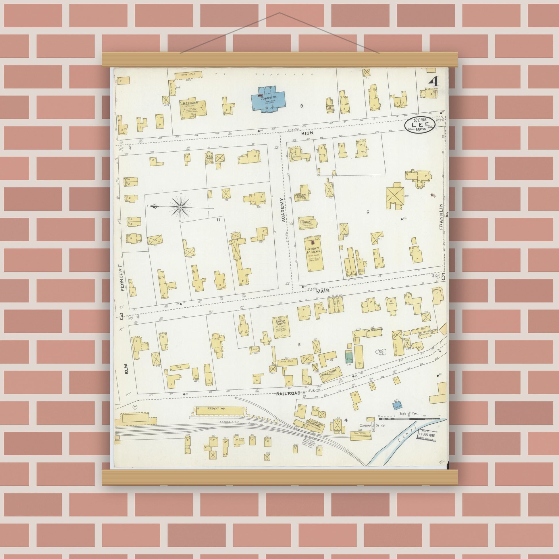 Old map wall art mockup — magnetic wood frame on brick wall — Sanborn Fire Insurance Map from Lee, Berkshire County, Massachusetts (1905), Sheet #0004
