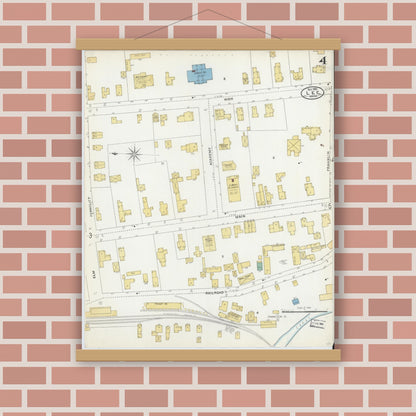 Old map wall art mockup — magnetic wood frame on brick wall — Sanborn Fire Insurance Map from Lee, Berkshire County, Massachusetts (1905), Sheet #0004