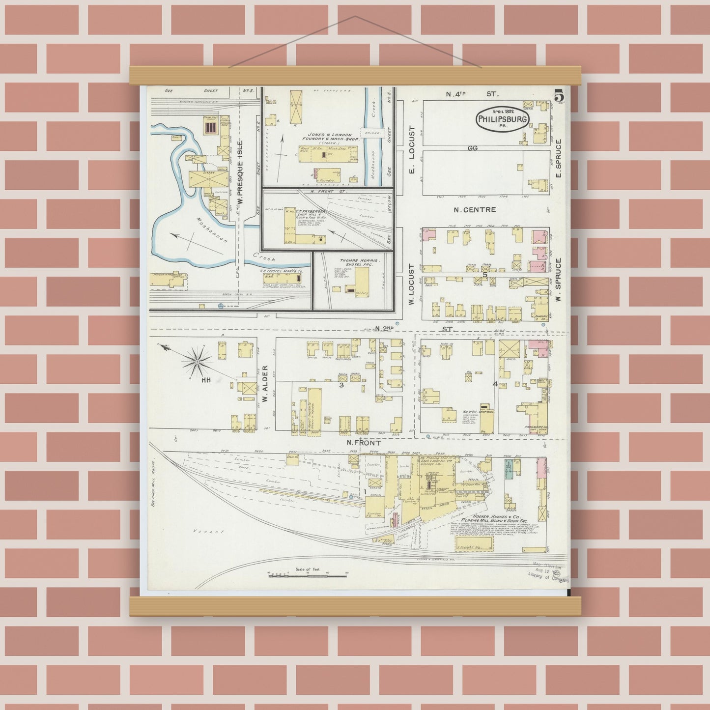 Old map wall art mockup — magnetic wood frame on brick wall — Sanborn Fire Insurance Map from Philipsburg, Centre County, Pennsylvania (1892), Sheet #0005