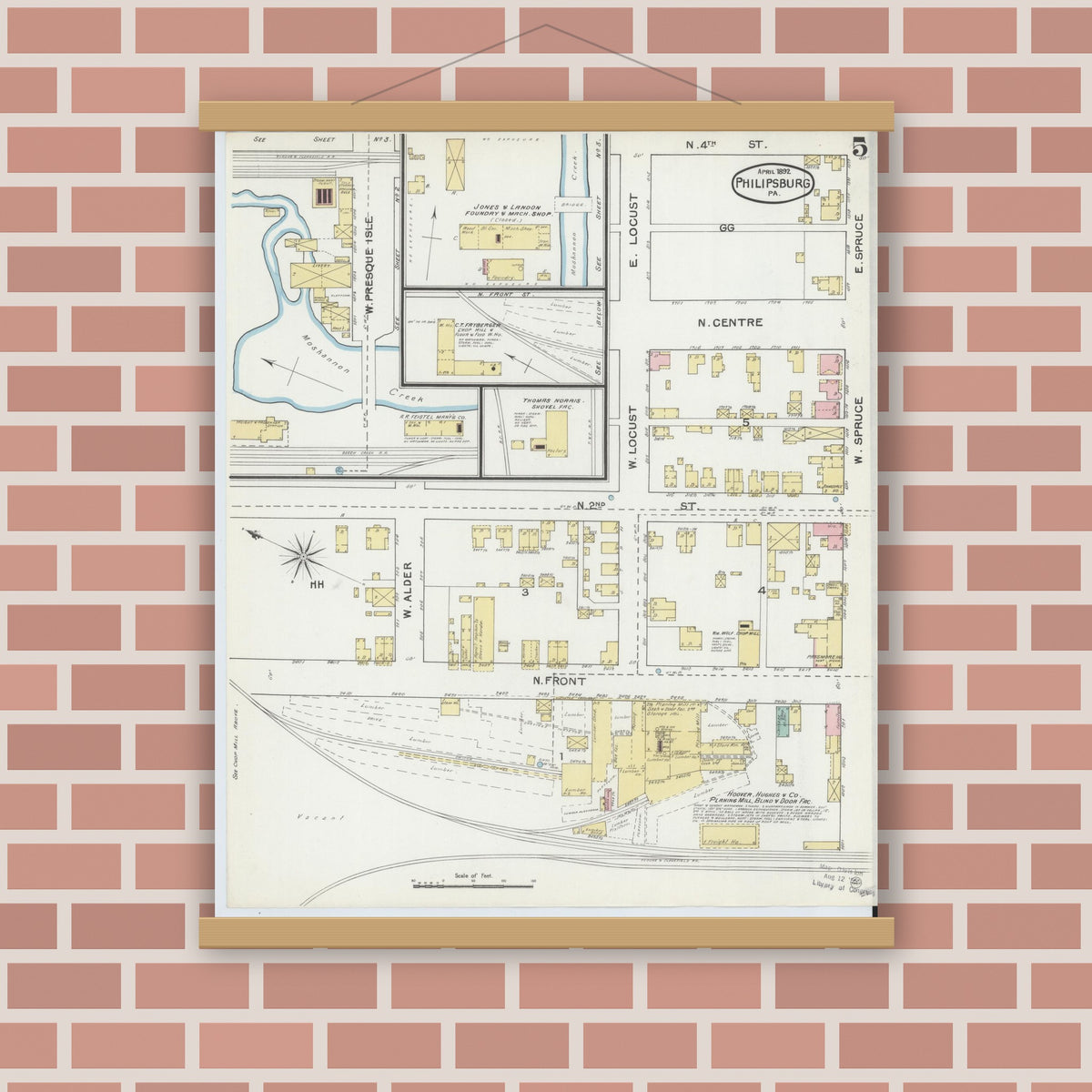 Old map wall art mockup — magnetic wood frame on brick wall — Sanborn Fire Insurance Map from Philipsburg, Centre County, Pennsylvania (1892), Sheet #0005
