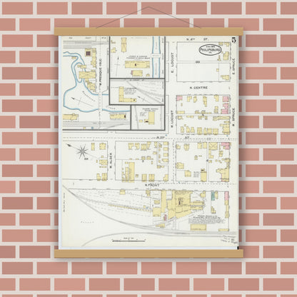 Old map wall art mockup — magnetic wood frame on brick wall — Sanborn Fire Insurance Map from Philipsburg, Centre County, Pennsylvania (1892), Sheet #0005