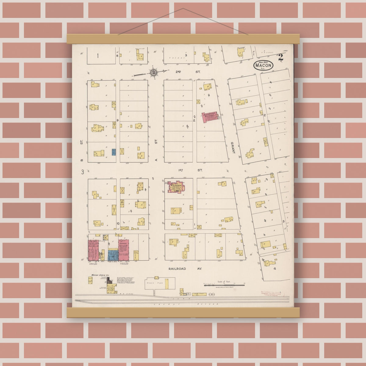 Old map wall art mockup — magnetic wood frame on brick wall — Sanborn Fire Insurance Map from Macon, Macon County, Illinois (1922), Sheet #0002
