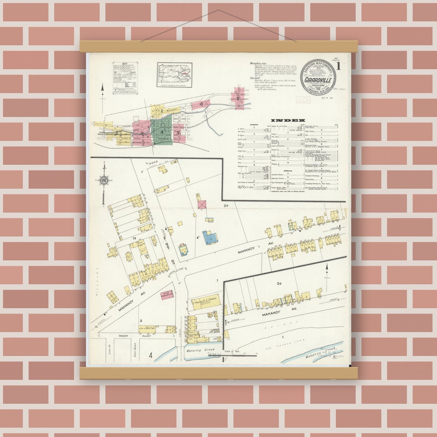 Old map wall art mockup — magnetic wood frame on brick wall — Sanborn Fire Insurance Map from Girardsville, Schuylkill County, Pennsylvania (1913), Sheet #0001
