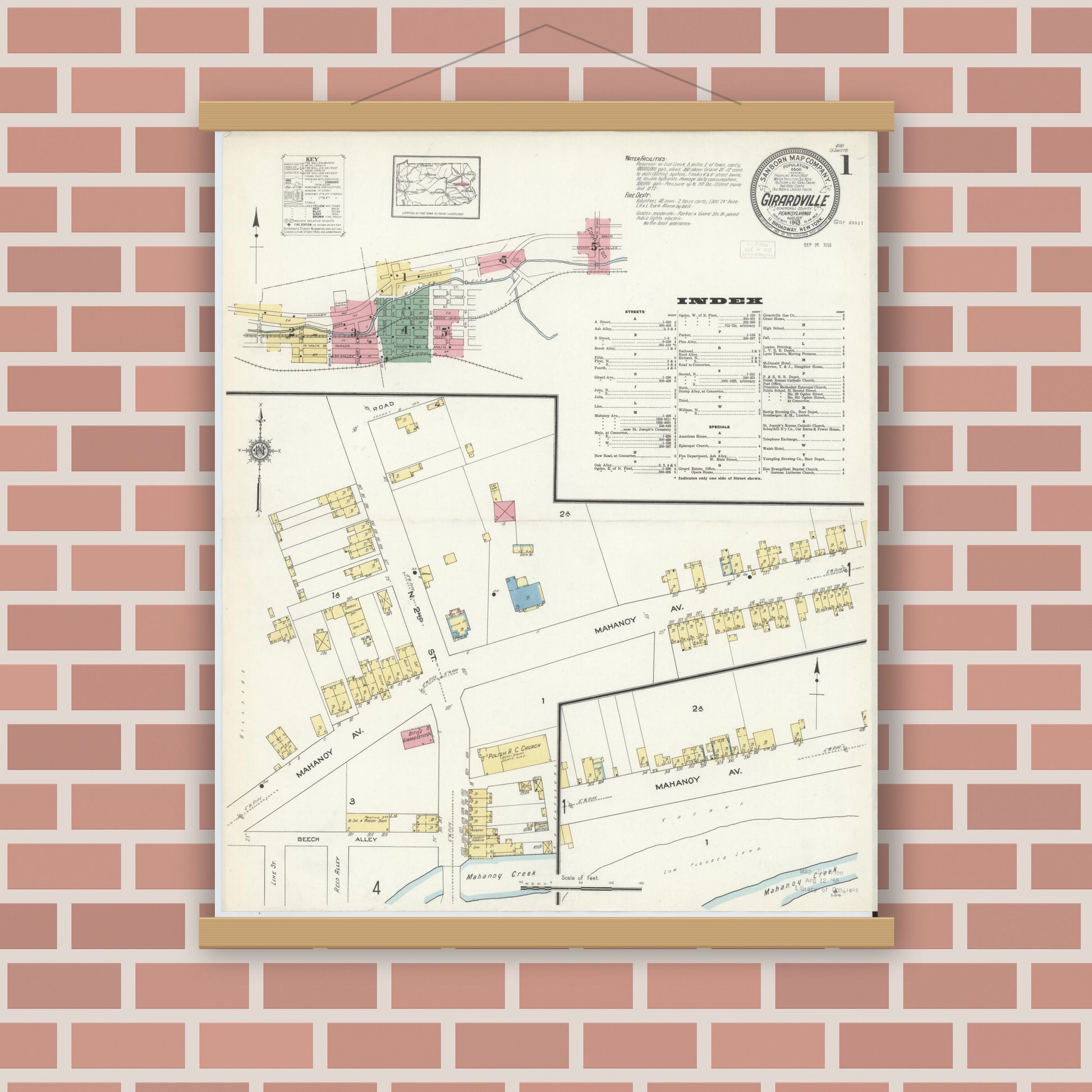 Old map wall art mockup — magnetic wood frame on brick wall — Sanborn Fire Insurance Map from Girardsville, Schuylkill County, Pennsylvania (1913), Sheet #0001