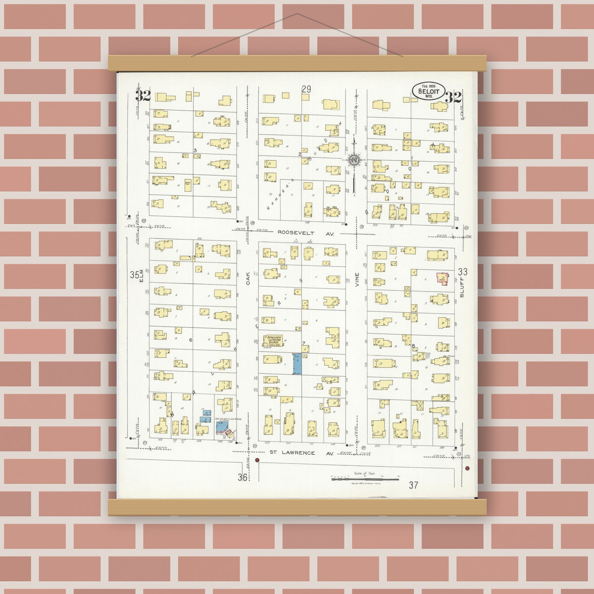 Old map wall art mockup — magnetic wood frame on brick wall — Sanborn Fire Insurance Map from Beloit, Rock County, Wisconsin (1926), Sheet #0032