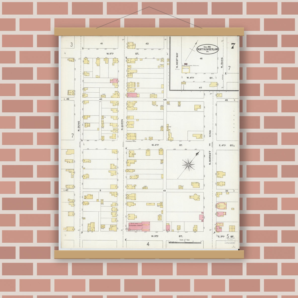 Old map wall art mockup — magnetic wood frame on brick wall — Sanborn Fire Insurance Map from Northumberland, Northumberland County, Pennsylvania (1906), Sheet #0007