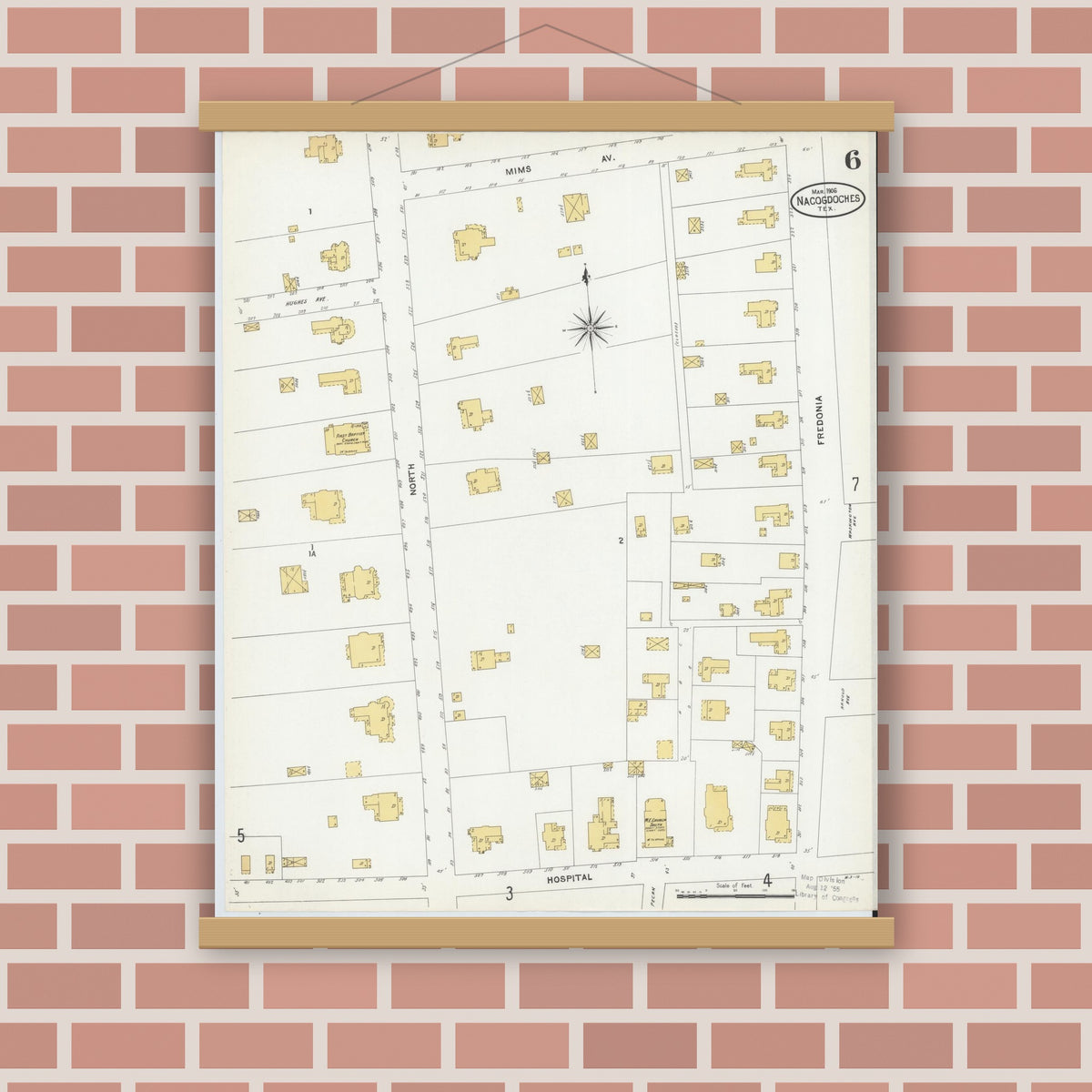 Old map wall art mockup — magnetic wood frame on brick wall — Sanborn Fire Insurance Map from Nacogdoches, Nacogdoches County, Texas (1906), Sheet #0006