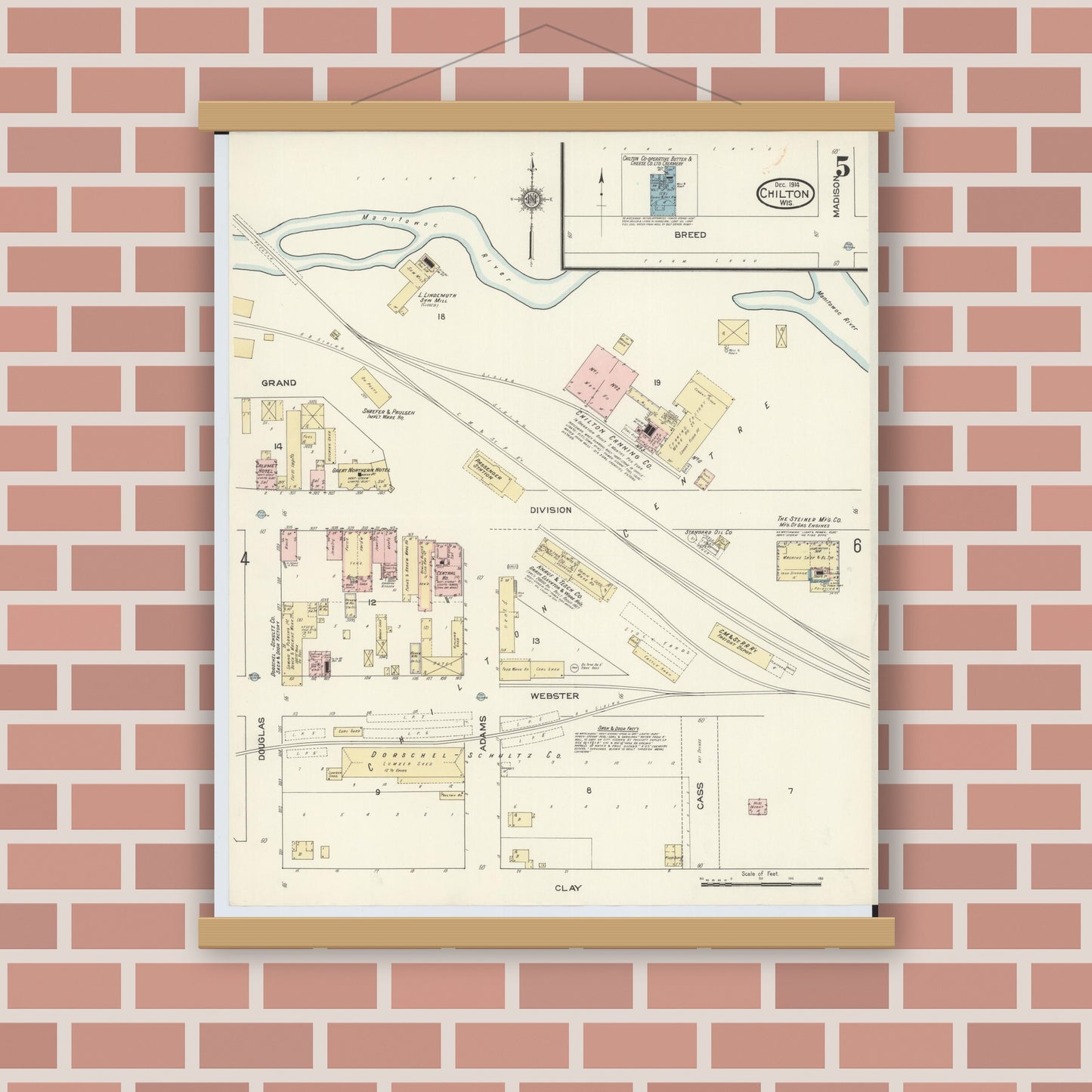 Old map wall art mockup — magnetic wood frame on brick wall — Sanborn Fire Insurance Map from Chilton, Calumet County, Wisconsin (1914), Sheet #0005