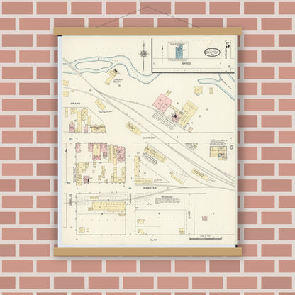 Old map wall art mockup — magnetic wood frame on brick wall — Sanborn Fire Insurance Map from Chilton, Calumet County, Wisconsin (1914), Sheet #0005