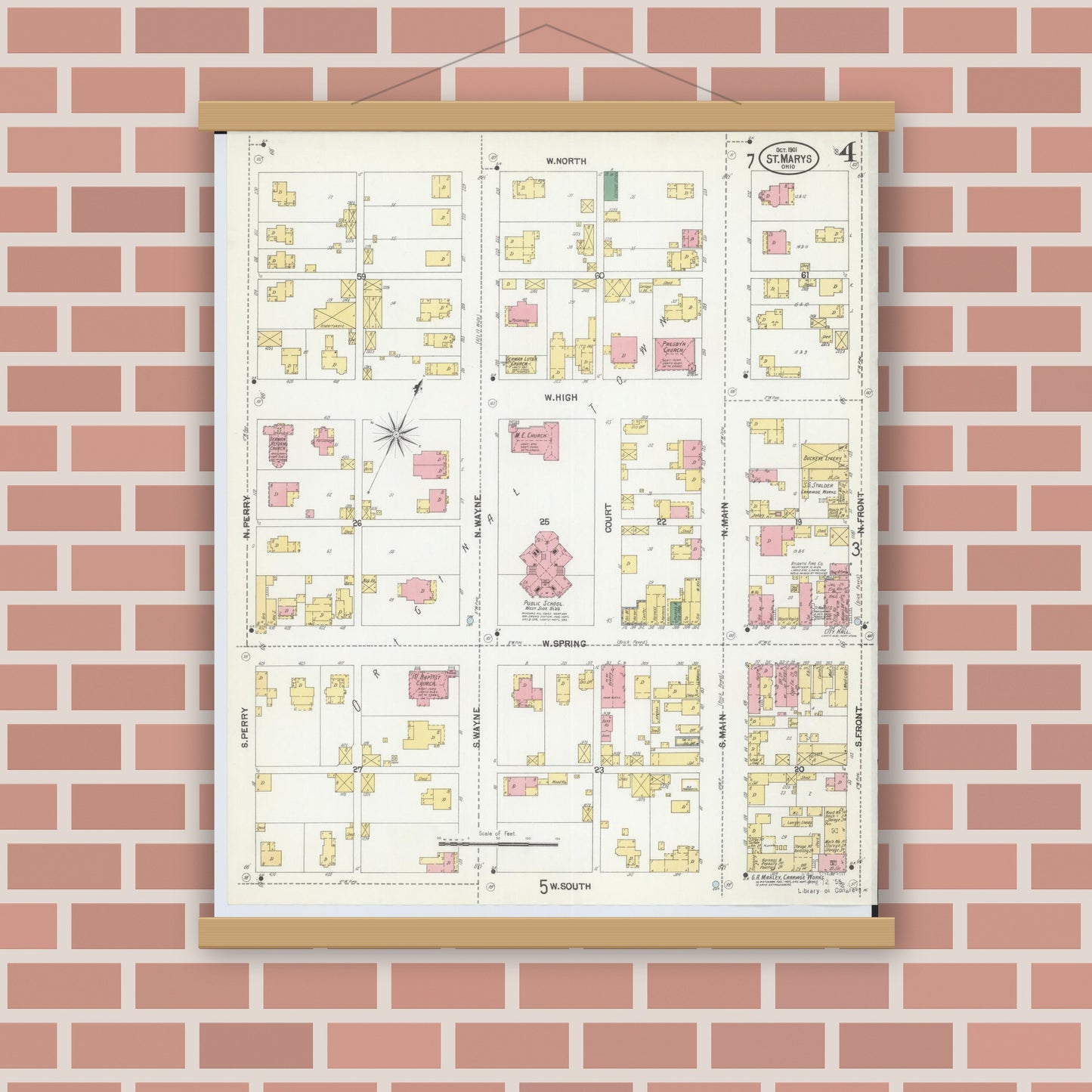 Old map wall art mockup — magnetic wood frame on brick wall — Sanborn Fire Insurance Map from Saint Marys, Auglaize County, Ohio (1901), Sheet #0004