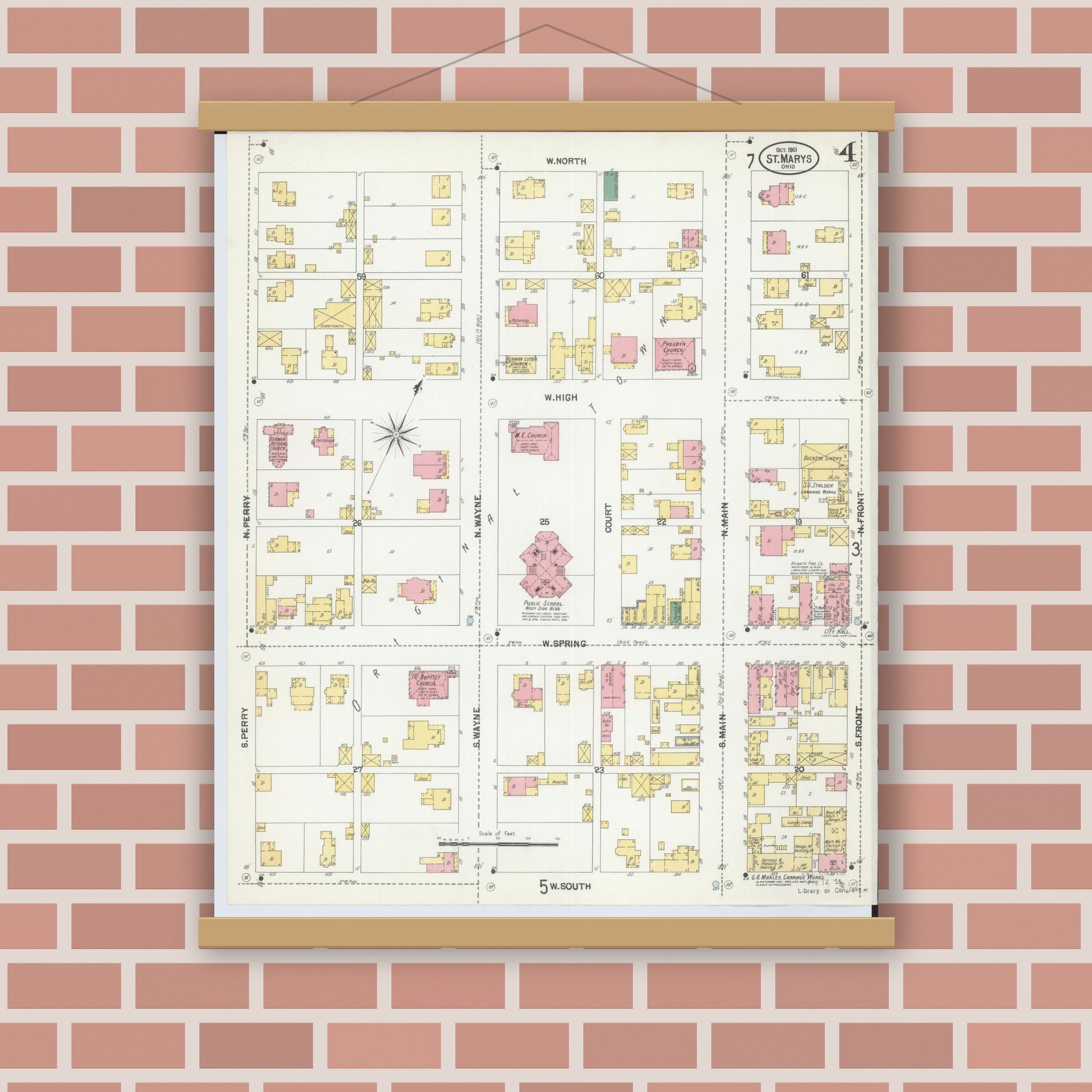 Old map wall art mockup — magnetic wood frame on brick wall — Sanborn Fire Insurance Map from Saint Marys, Auglaize County, Ohio (1901), Sheet #0004