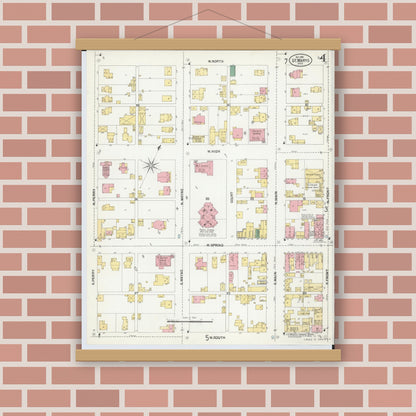 Old map wall art mockup — magnetic wood frame on brick wall — Sanborn Fire Insurance Map from Saint Marys, Auglaize County, Ohio (1901), Sheet #0004