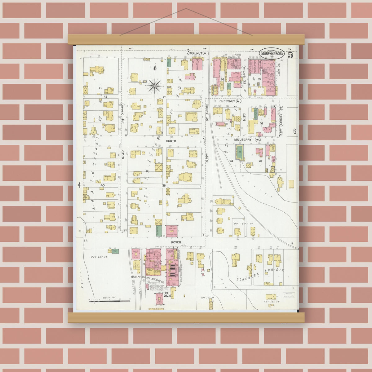 Old map wall art mockup — magnetic wood frame on brick wall — Sanborn Fire Insurance Map from Murphysboro, Jackson County, Illinois (1902), Sheet #0005