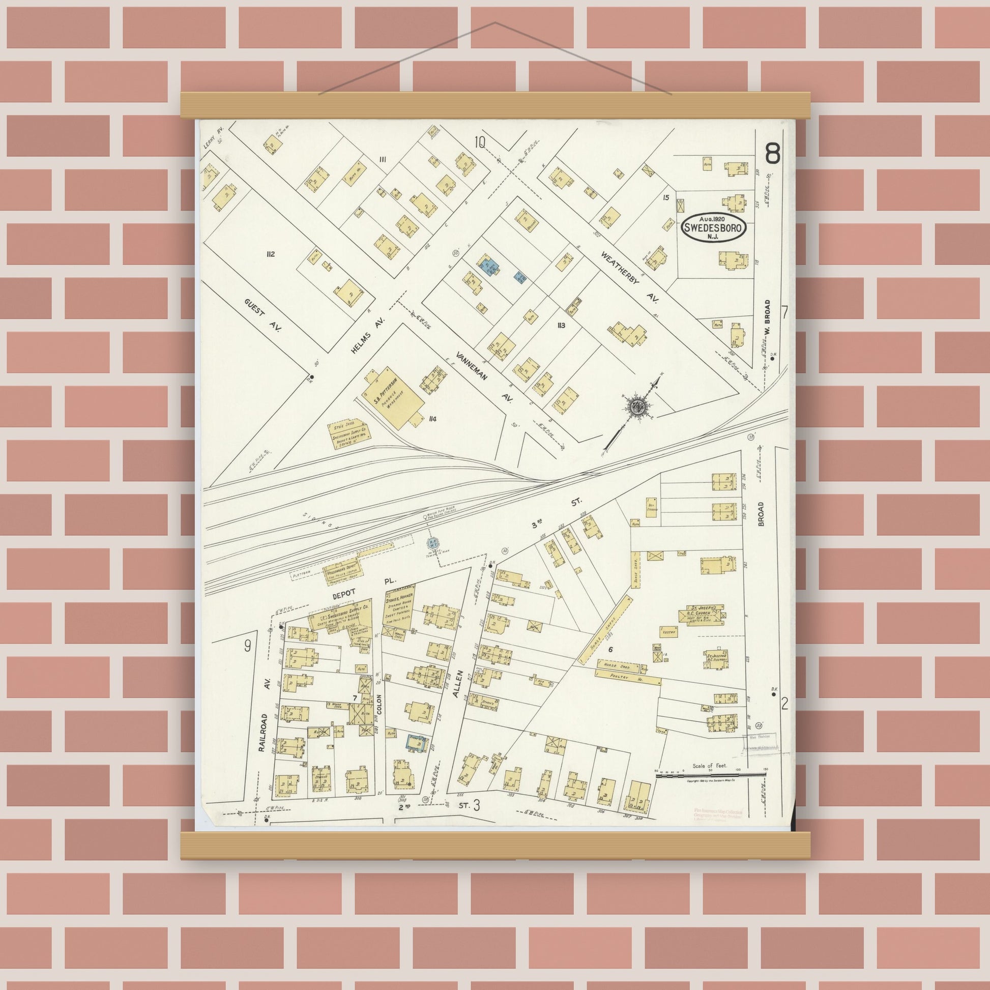 Old map wall art mockup — magnetic wood frame on brick wall — Sanborn Fire Insurance Map from Swedesboro, Gloucester County, New Jersey (1920), Sheet #0008