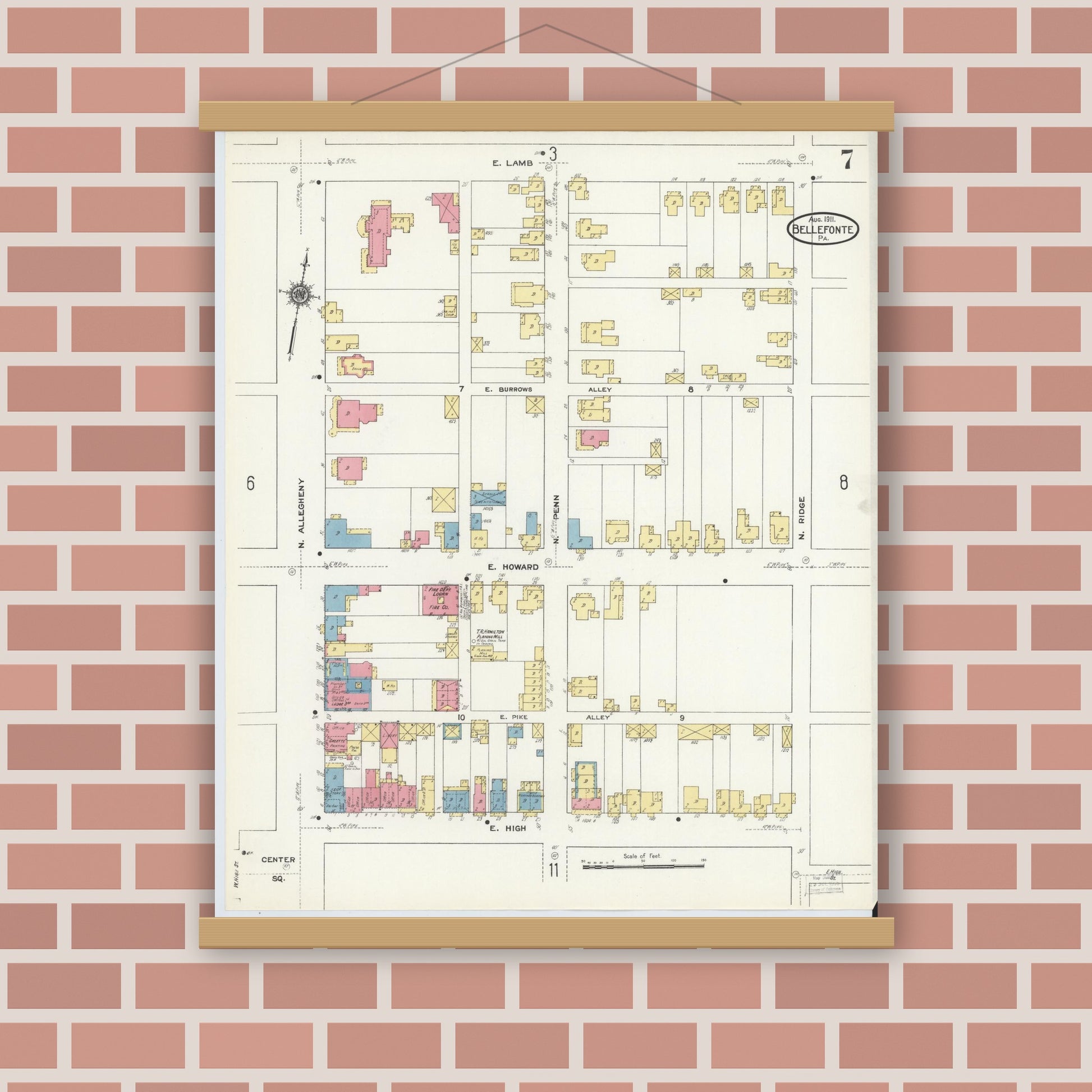 Old map wall art mockup — magnetic wood frame on brick wall — Sanborn Fire Insurance Map from Bellefonte, Centre County, Pennsylvania (1911), Sheet #0007