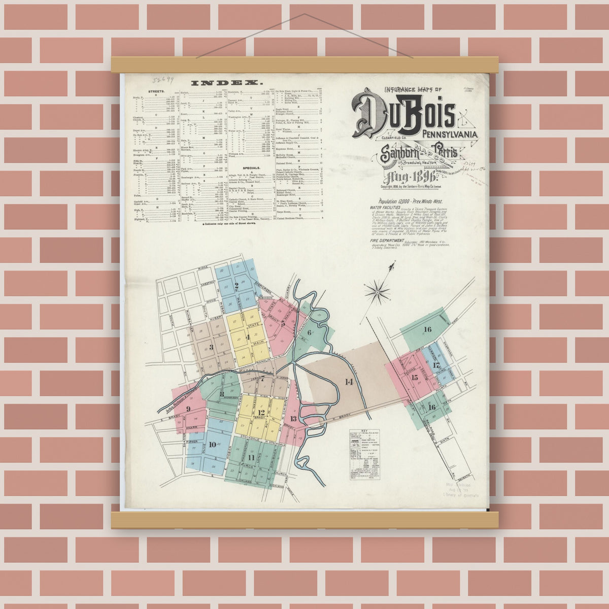 Old map wall art mockup — magnetic wood frame on brick wall — Sanborn Fire Insurance Map from Du Bois, Clearfield County, Pennsylvania (1896) - Complete Map Set
