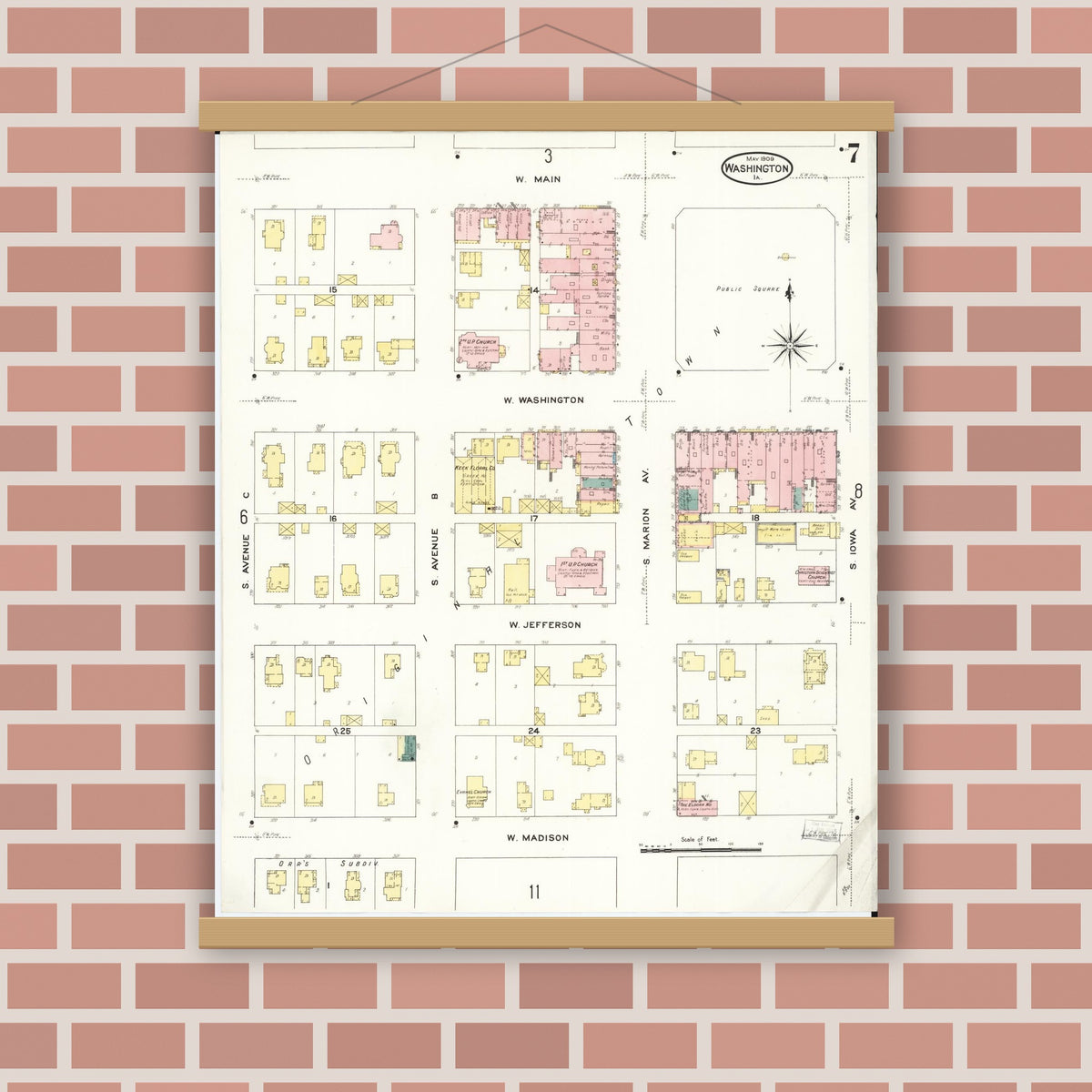 Old map wall art mockup — magnetic wood frame on brick wall — Sanborn Fire Insurance Map from Washington, Washington County, Iowa (1909), Sheet #0007