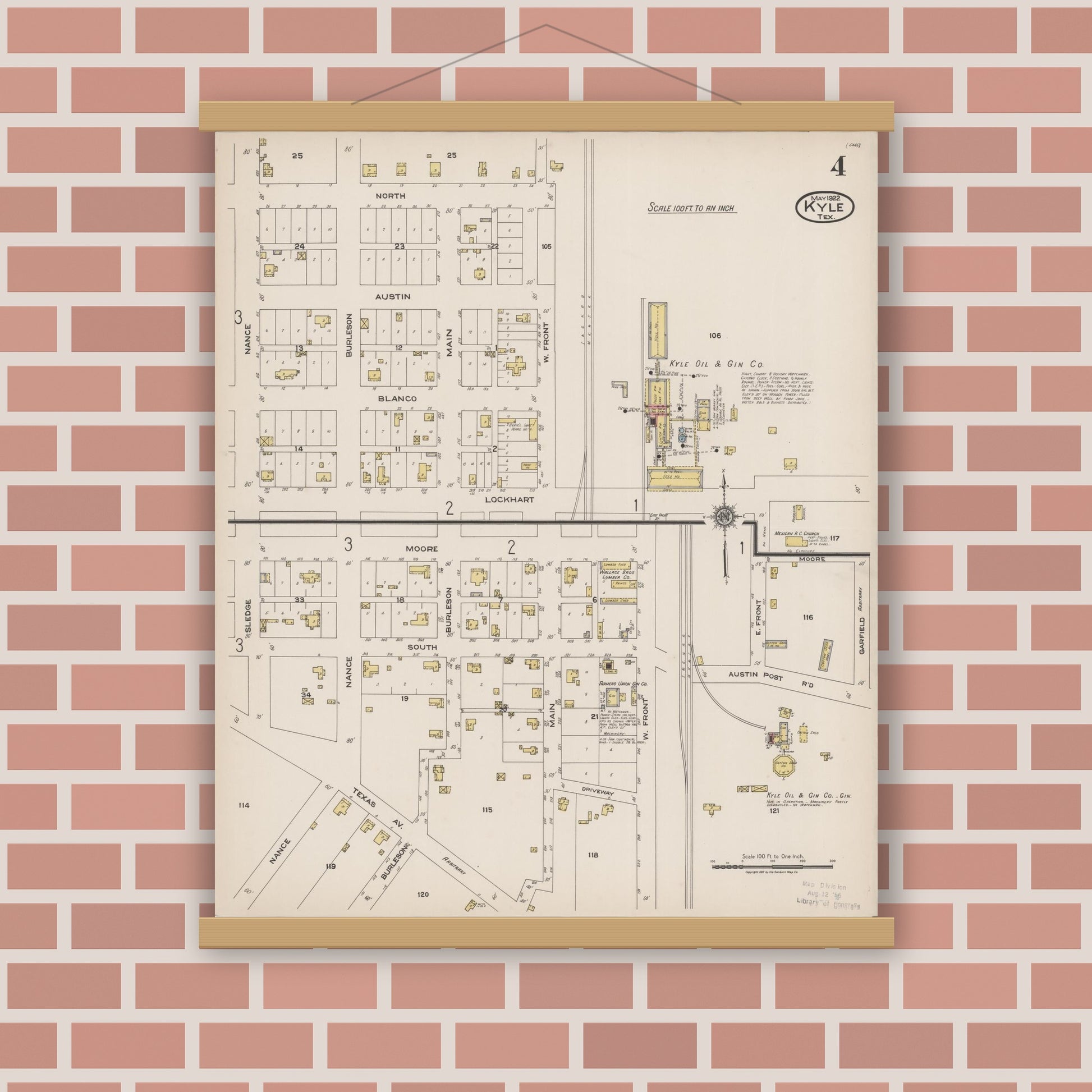 Old map wall art mockup — magnetic wood frame on brick wall — Sanborn Fire Insurance Map from Kyle, Hays County, Texas (1922), Sheet #0004