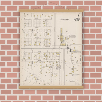Old map wall art mockup — magnetic wood frame on brick wall — Sanborn Fire Insurance Map from Kyle, Hays County, Texas (1922), Sheet #0004