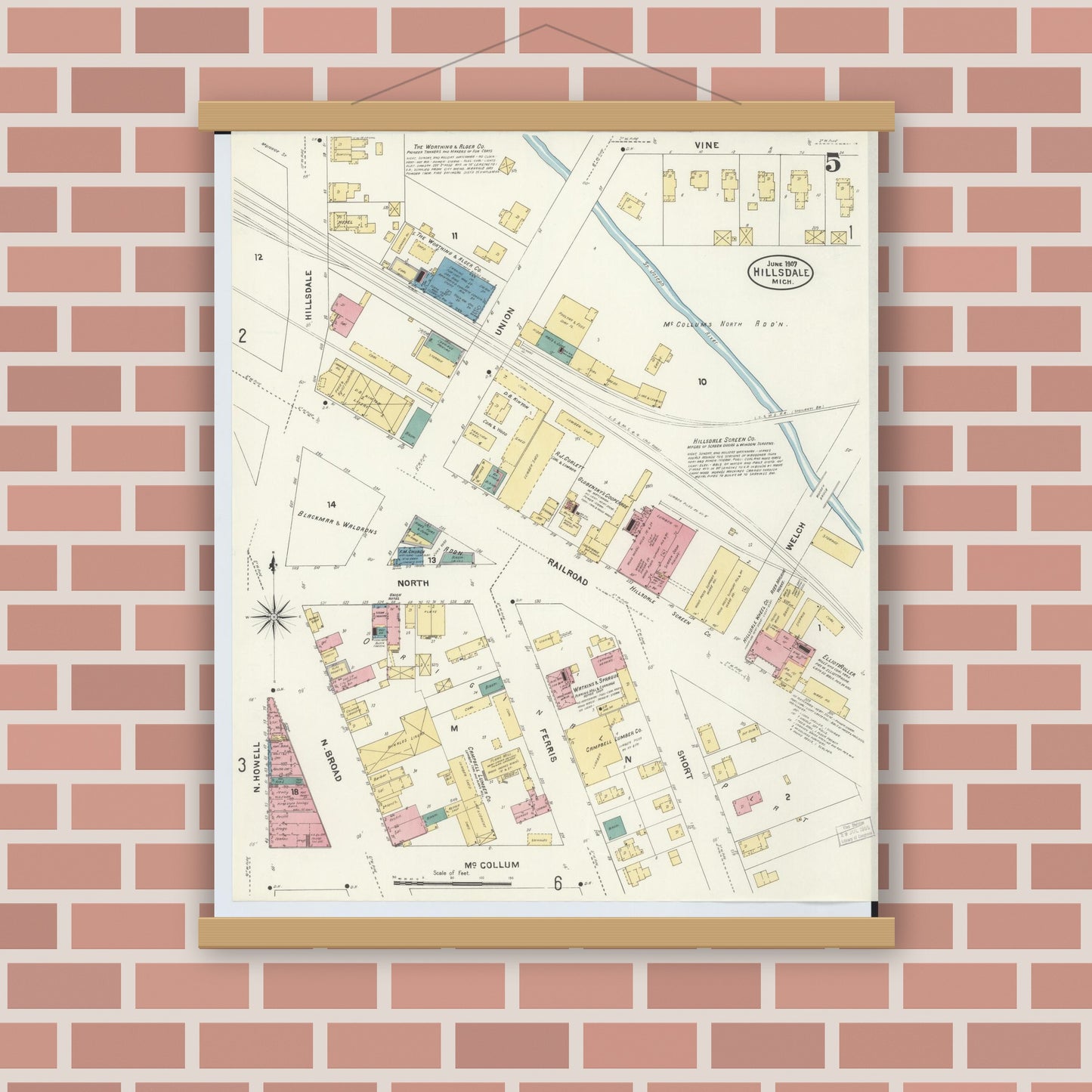 Old map wall art mockup — magnetic wood frame on brick wall — Sanborn Fire Insurance Map from Hillsdale, Hillsdale County, Michigan (1907), Sheet #0005