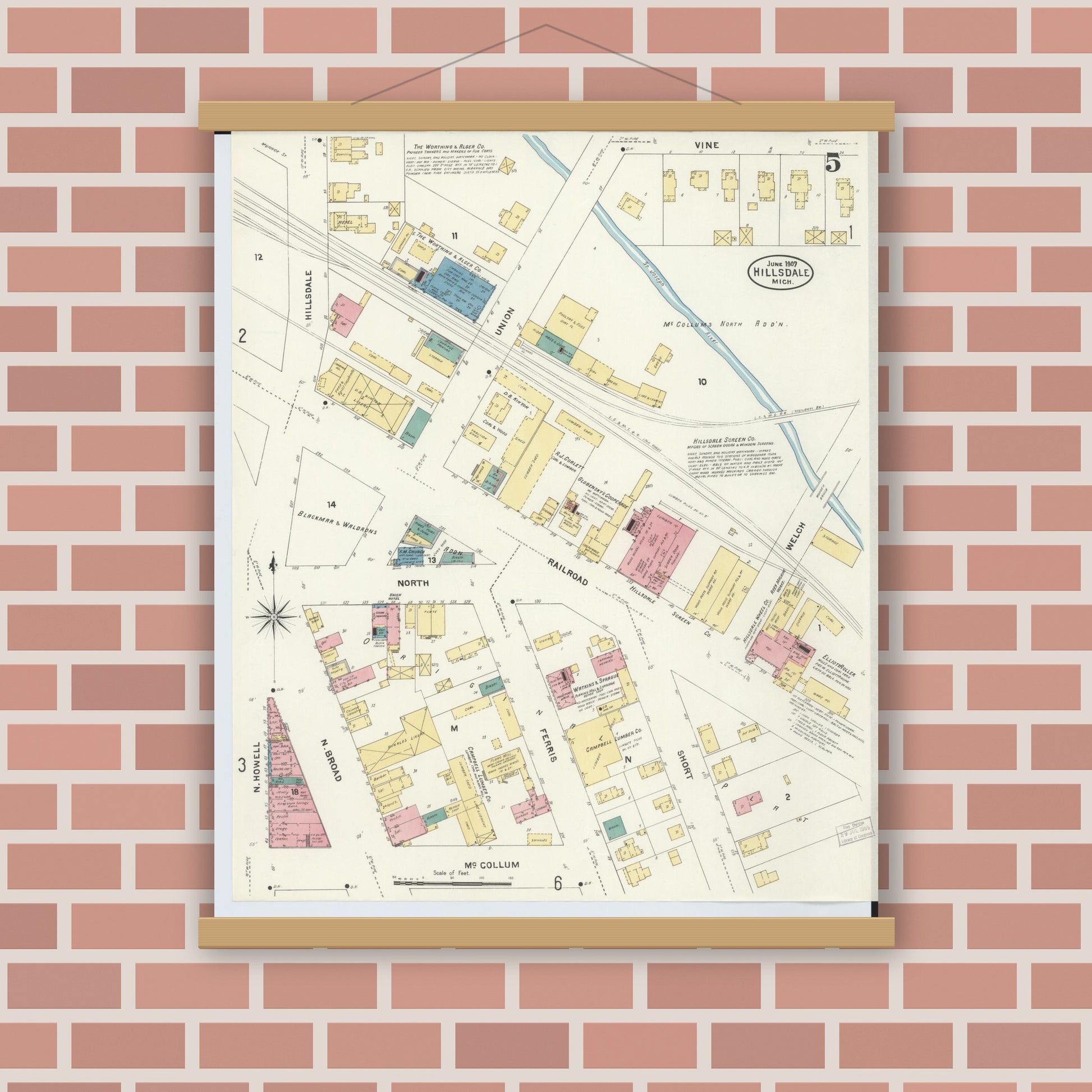 Old map wall art mockup — magnetic wood frame on brick wall — Sanborn Fire Insurance Map from Hillsdale, Hillsdale County, Michigan (1907), Sheet #0005