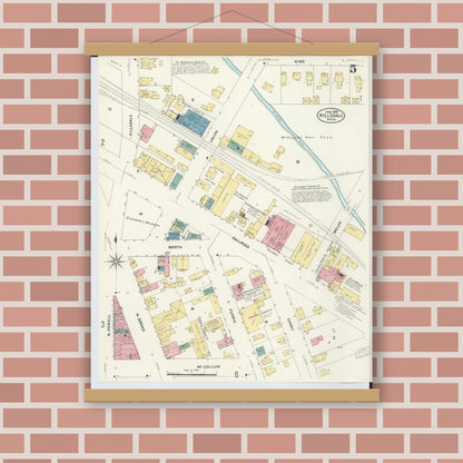 Old map wall art mockup — magnetic wood frame on brick wall — Sanborn Fire Insurance Map from Hillsdale, Hillsdale County, Michigan (1907), Sheet #0005